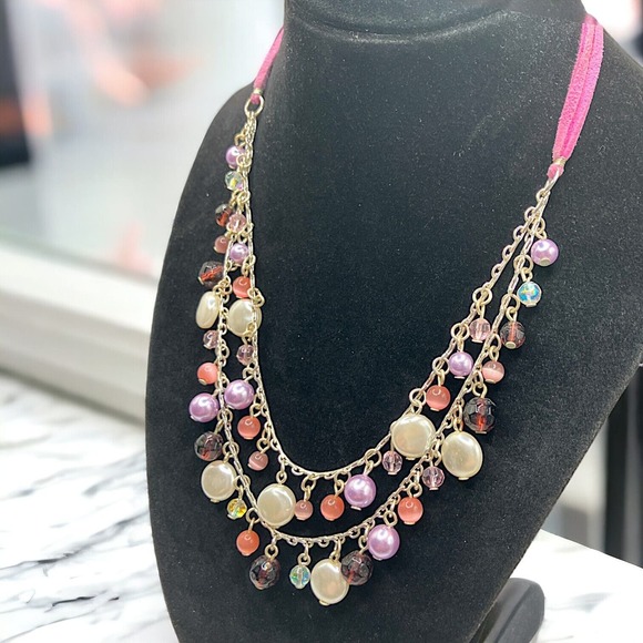 Avon SH Purple Pink Faux Pearls Beaded 2006 2 Strand Silver-Tone Chain Necklace! - Picture 1 of 11